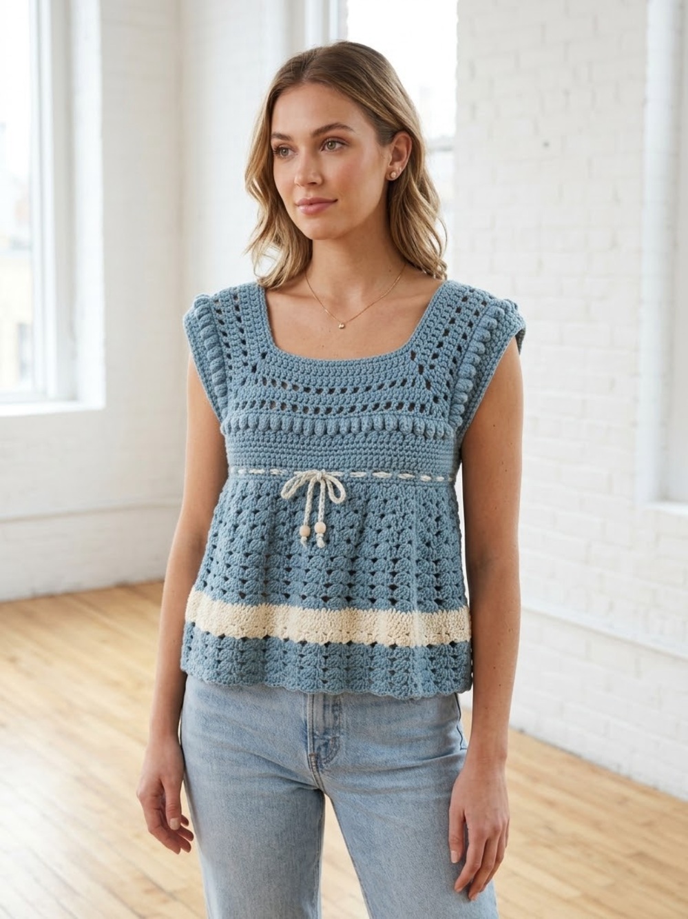 Vintage Handmade Blue & Cream Crochet Empire Waist Babydoll Top, Women’s Small